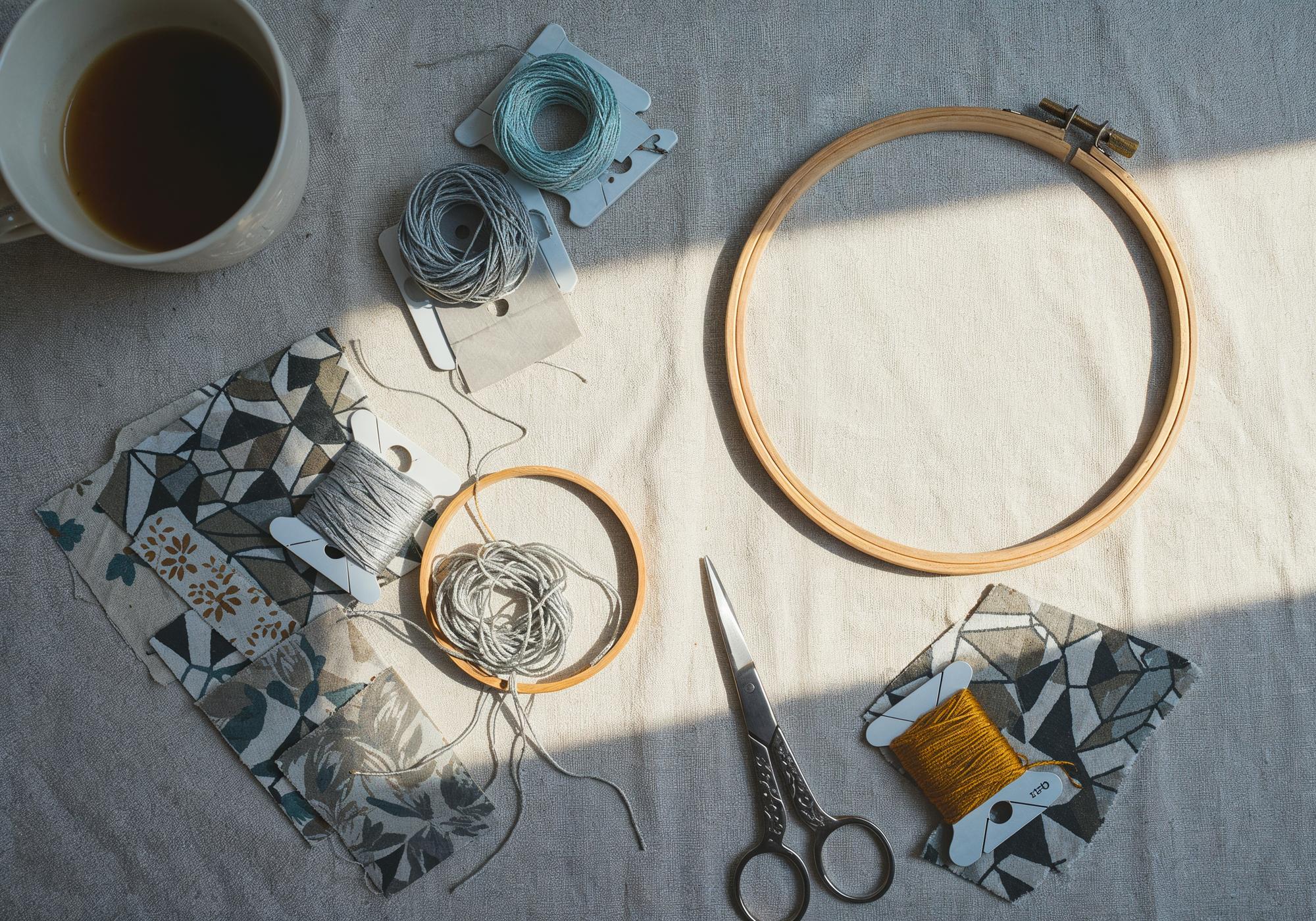 Atelier workspace with hoops, threads and design notes